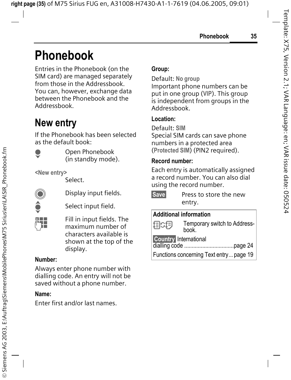 Phonebook, New entry | Siemens M75 User Manual | Page 36 / 153