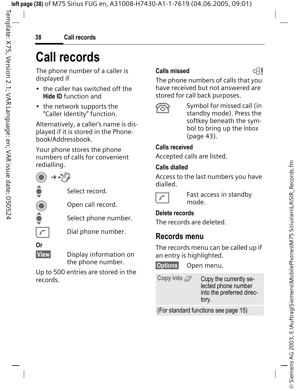 Call records | Siemens M75 User Manual | Page 39 / 153