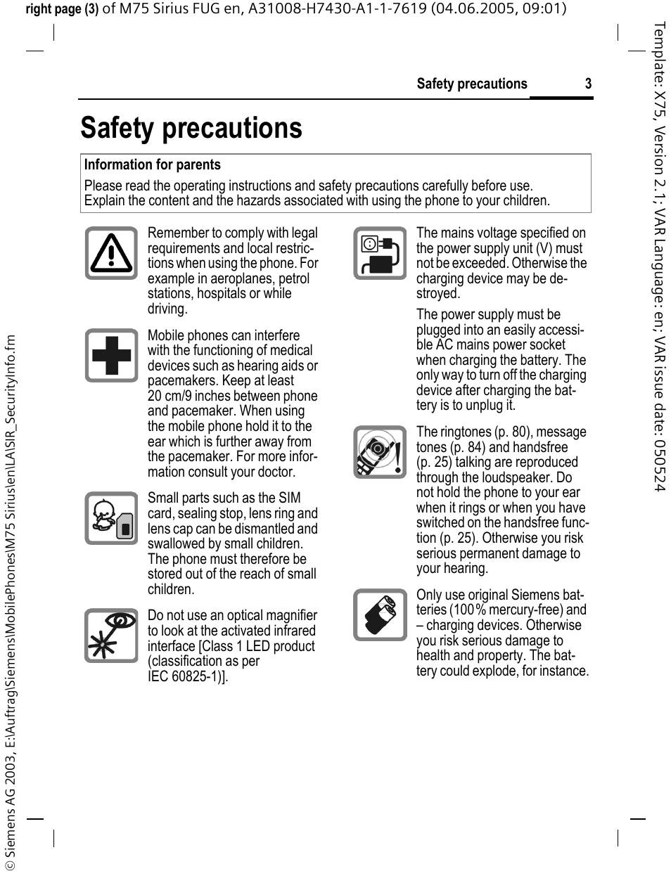 Safety precautions | Siemens M75 User Manual | Page 4 / 153