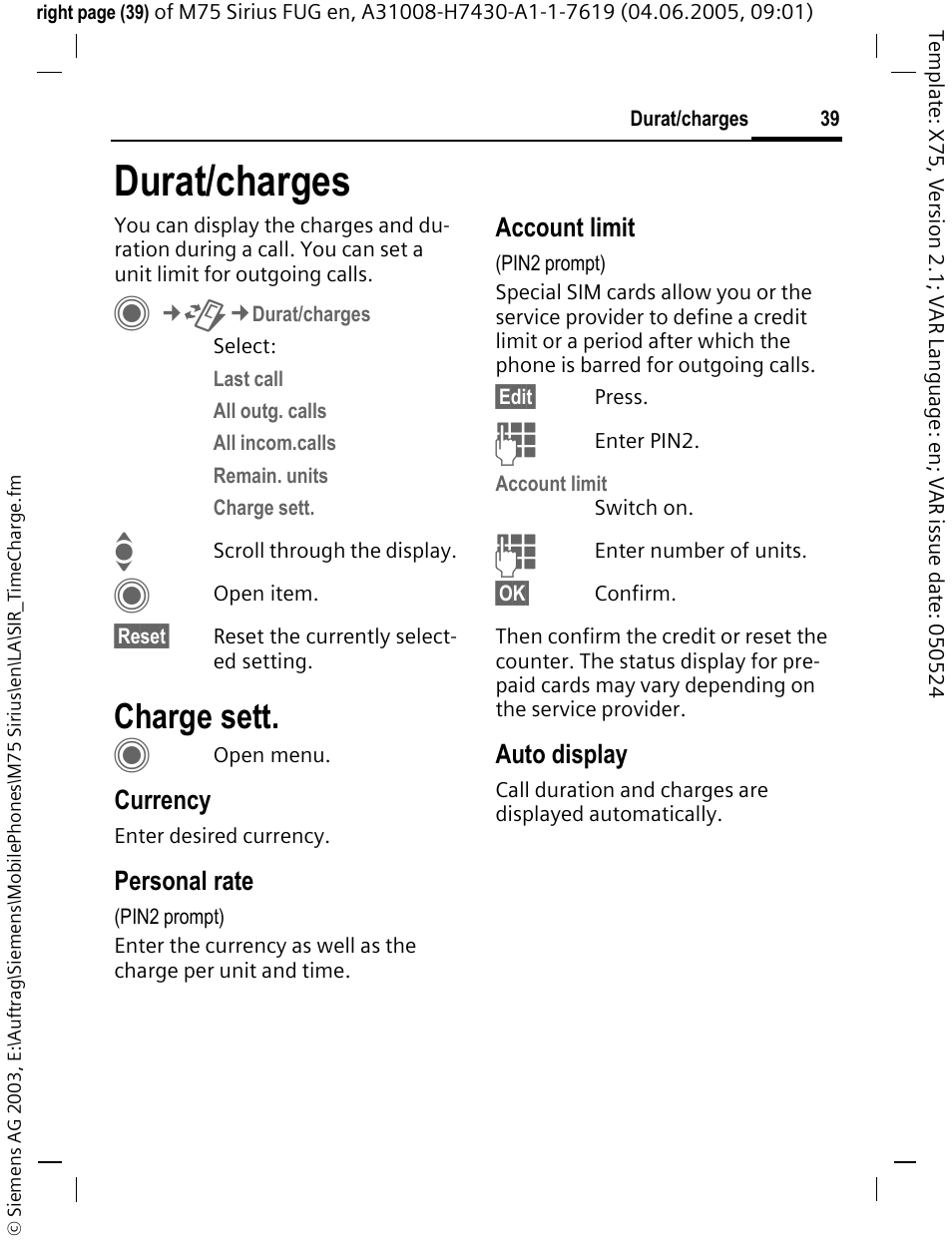 Durat/charges, Charge sett | Siemens M75 User Manual | Page 40 / 153