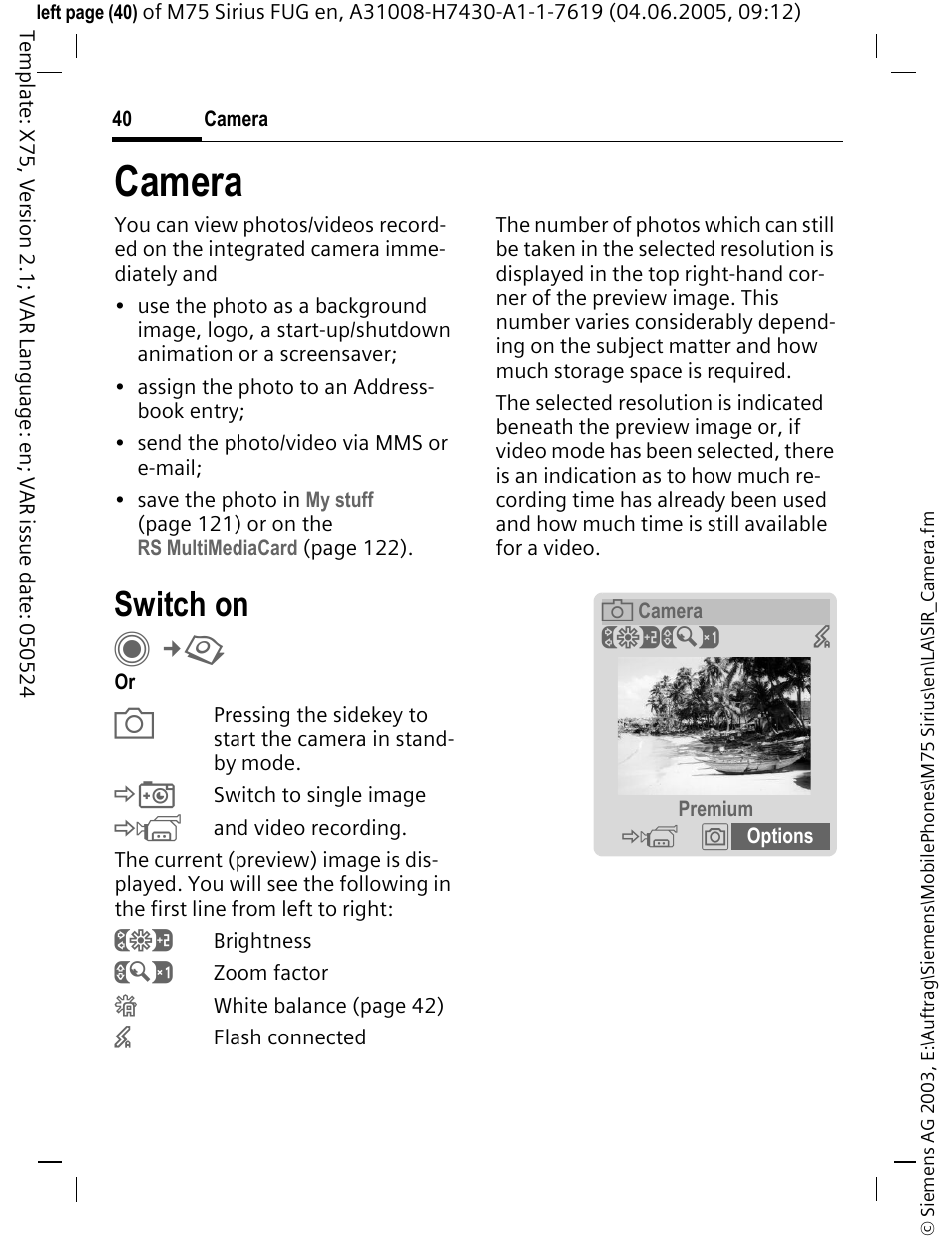 Camera, Switch on | Siemens M75 User Manual | Page 41 / 153