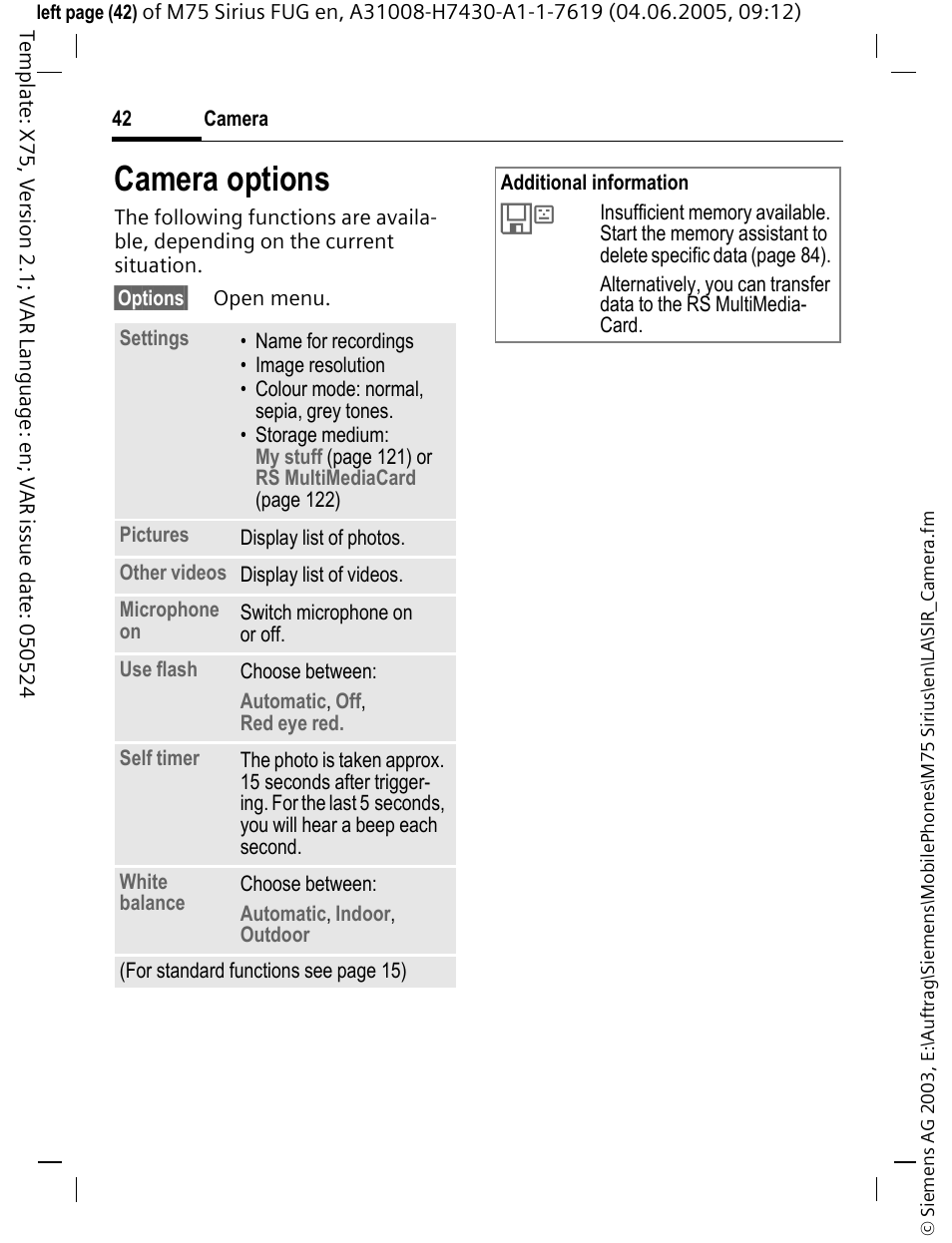 Camera options | Siemens M75 User Manual | Page 43 / 153