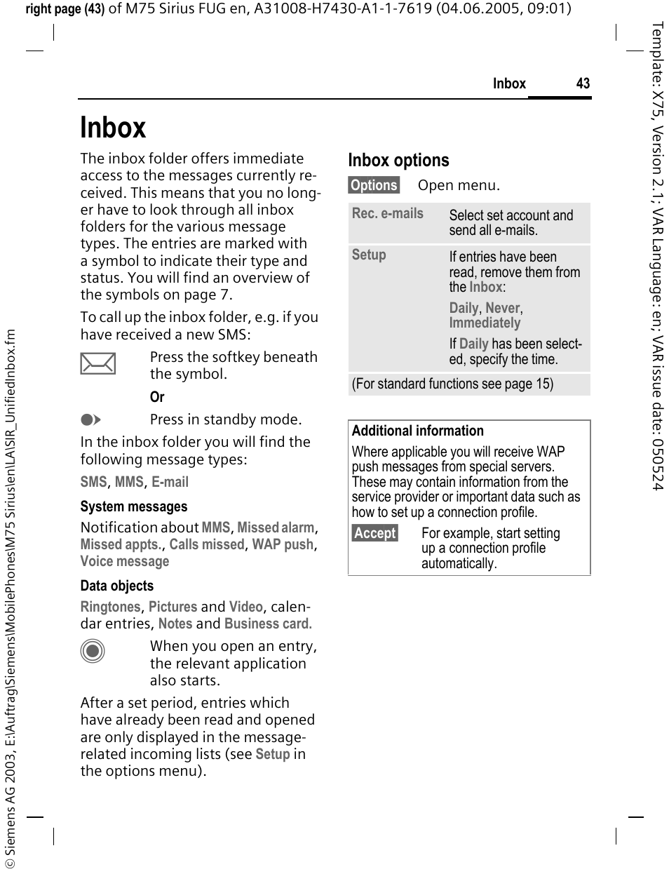 Inbox, Inbox options | Siemens M75 User Manual | Page 44 / 153