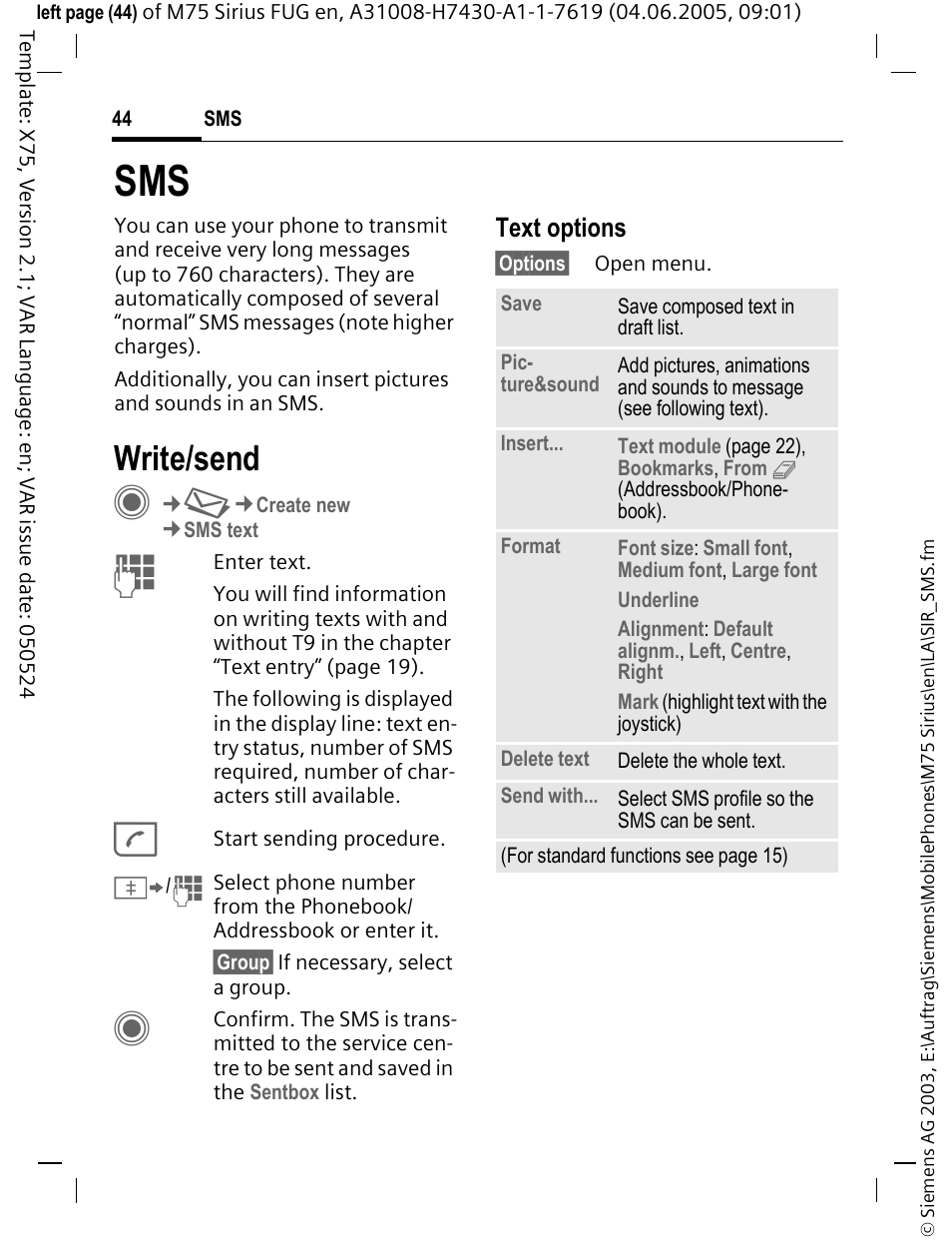 Write/send, Text options | Siemens M75 User Manual | Page 45 / 153