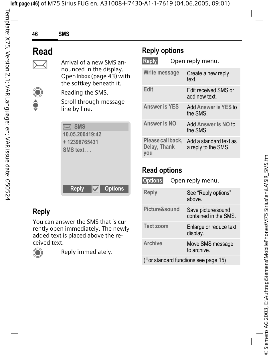 Read, Reply, Reply options | Read options | Siemens M75 User Manual | Page 47 / 153