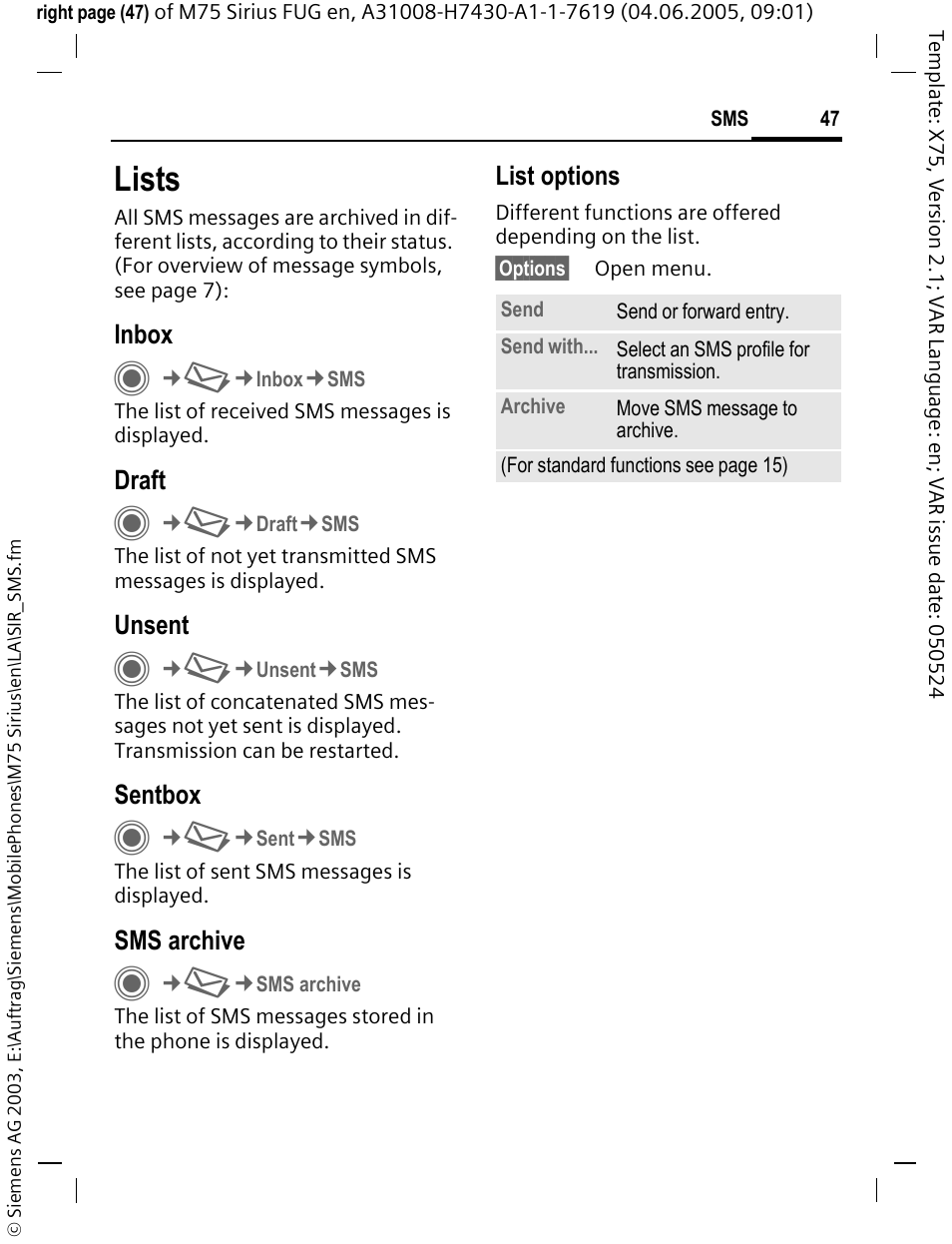 Lists | Siemens M75 User Manual | Page 48 / 153