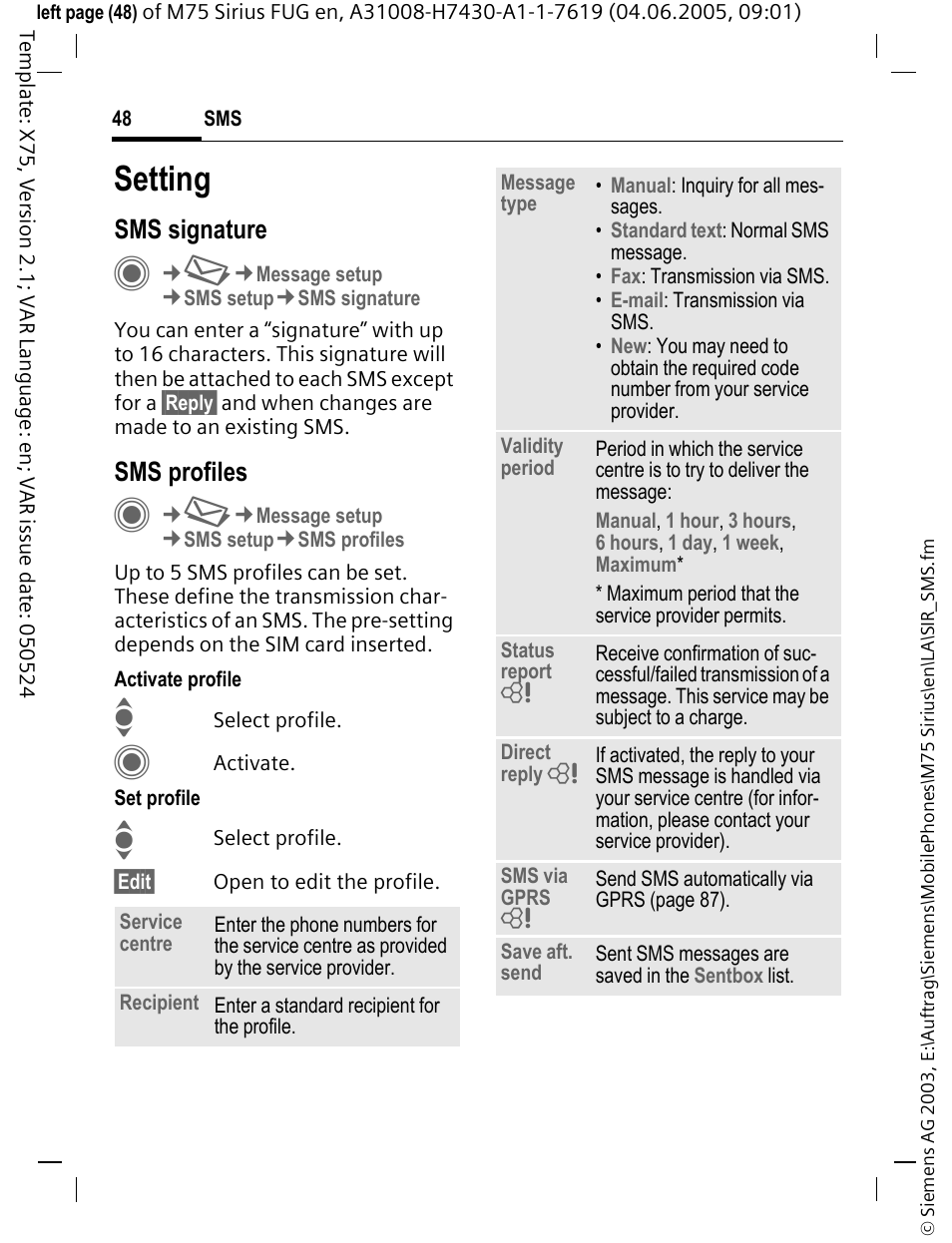 Setting | Siemens M75 User Manual | Page 49 / 153