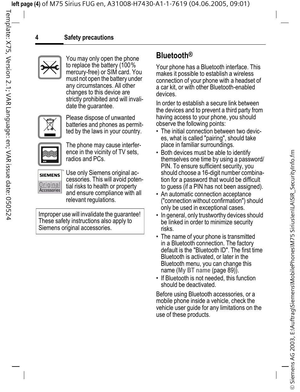 Bluetooth | Siemens M75 User Manual | Page 5 / 153