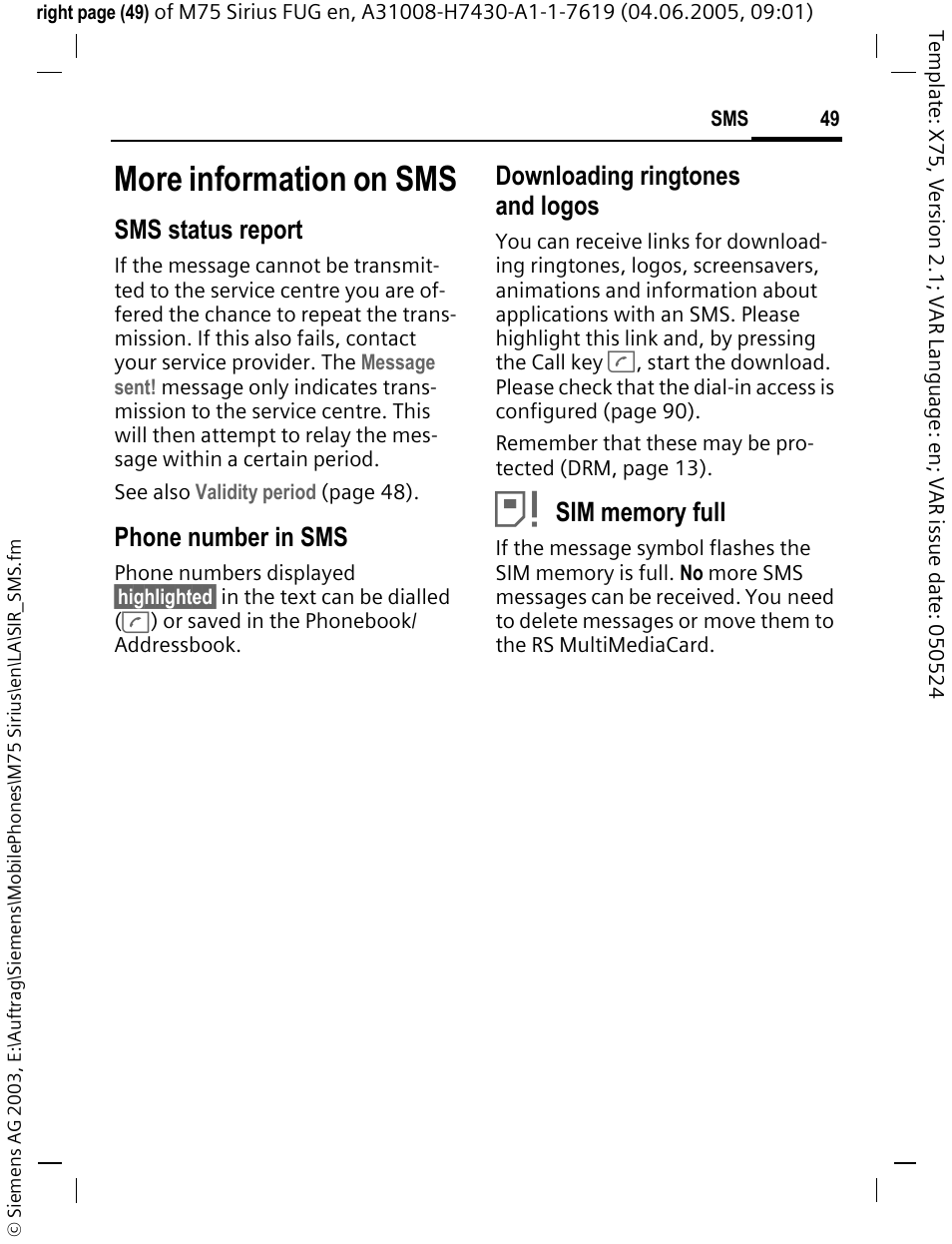 More information on sms, Sms status report, Phone number in sms | Downloading ringtones and logos | Siemens M75 User Manual | Page 50 / 153