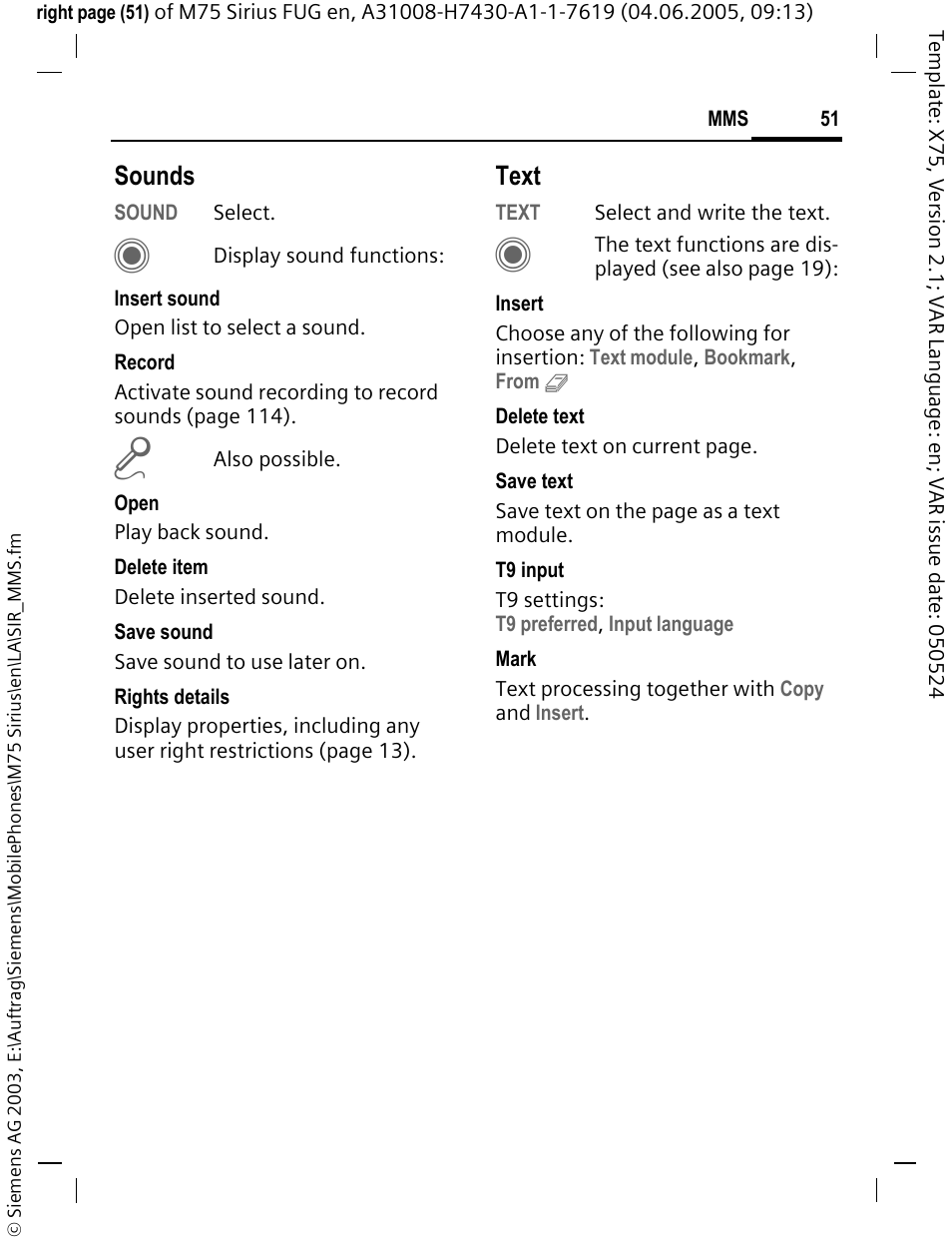 Sounds, Text | Siemens M75 User Manual | Page 52 / 153