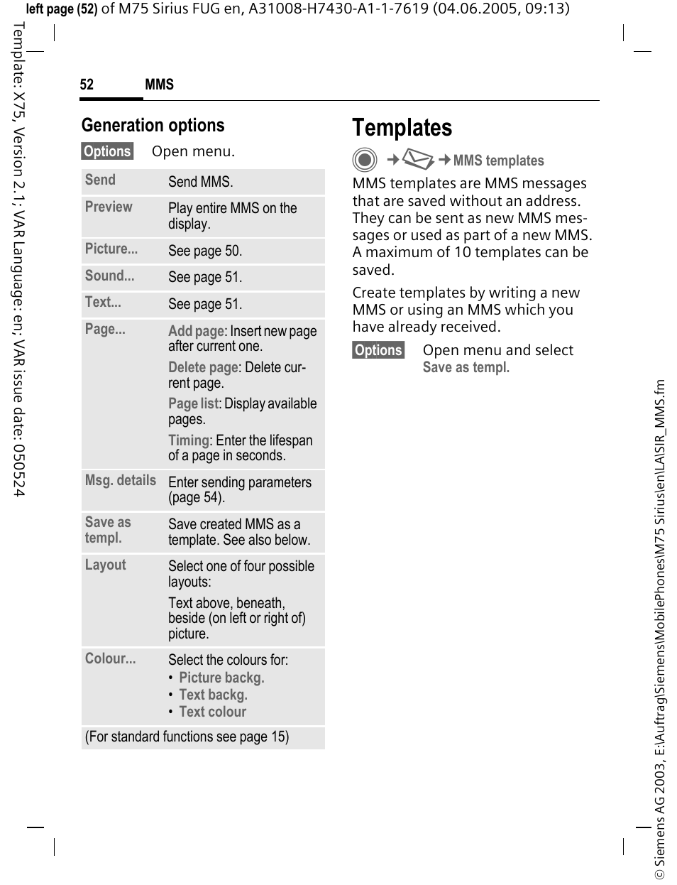 Templates, Generation options | Siemens M75 User Manual | Page 53 / 153