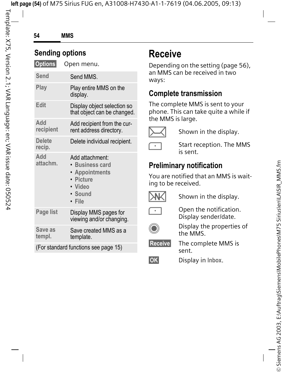 Receive, Sending options, Complete transmission | Preliminary notification | Siemens M75 User Manual | Page 55 / 153