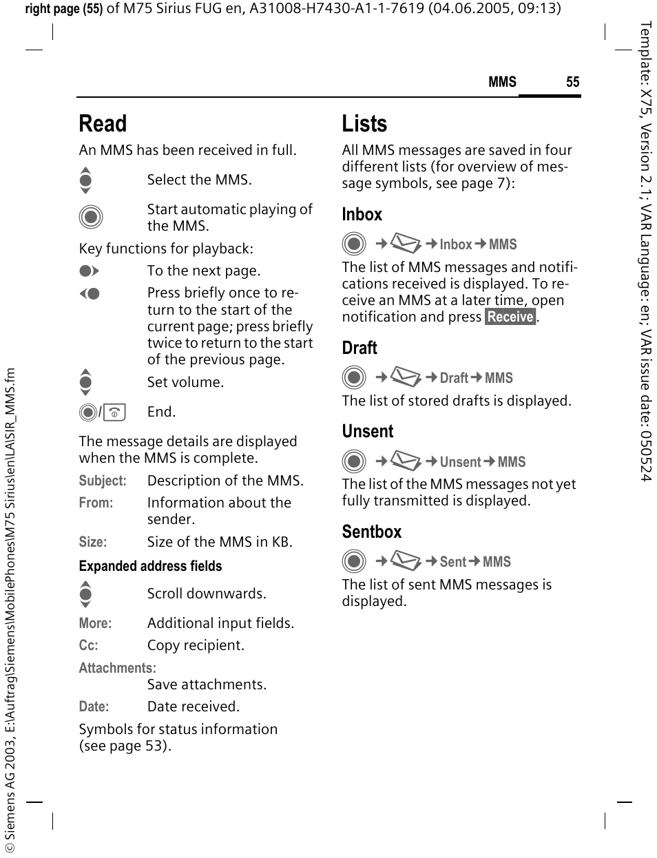 Read, Lists | Siemens M75 User Manual | Page 56 / 153