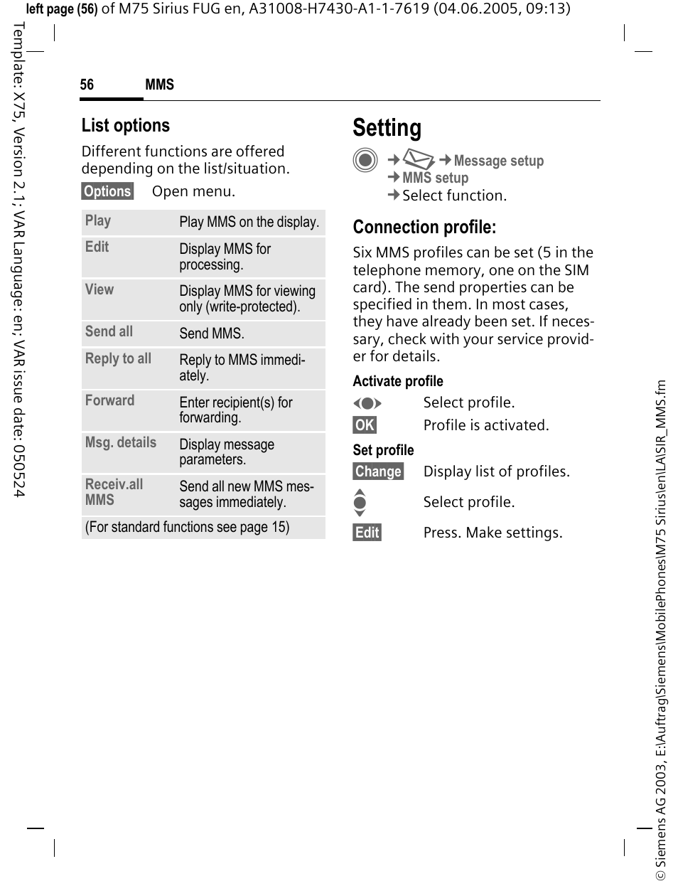 Setting, List options, Connection profile | Siemens M75 User Manual | Page 57 / 153