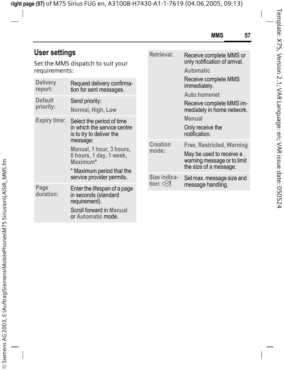 User settings | Siemens M75 User Manual | Page 58 / 153