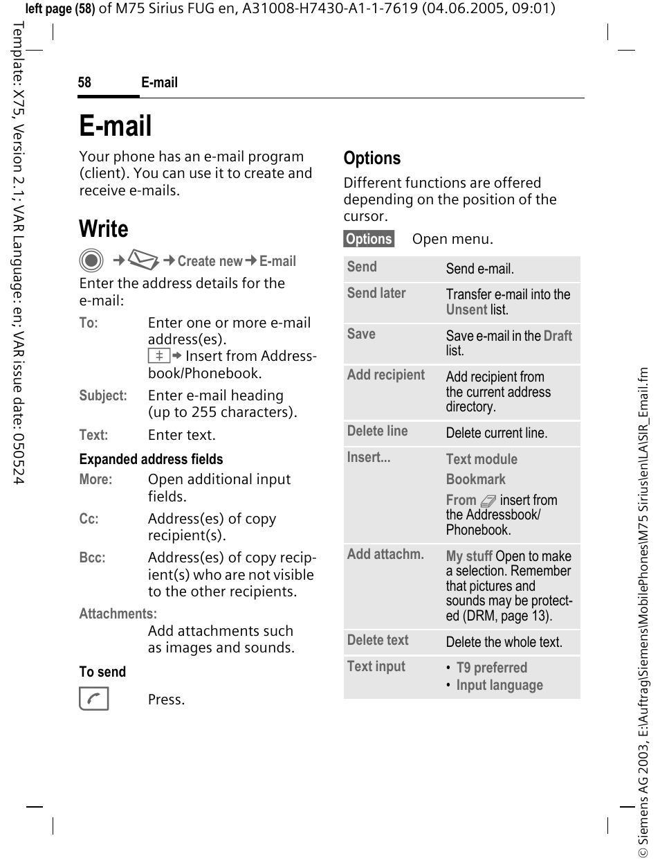 E-mail, Write, Options | Siemens M75 User Manual | Page 59 / 153