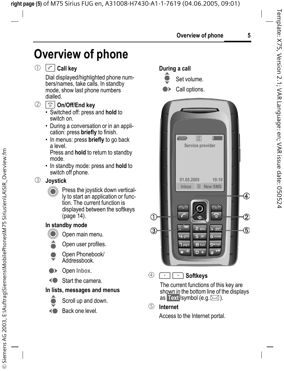 Overview of phone | Siemens M75 User Manual | Page 6 / 153