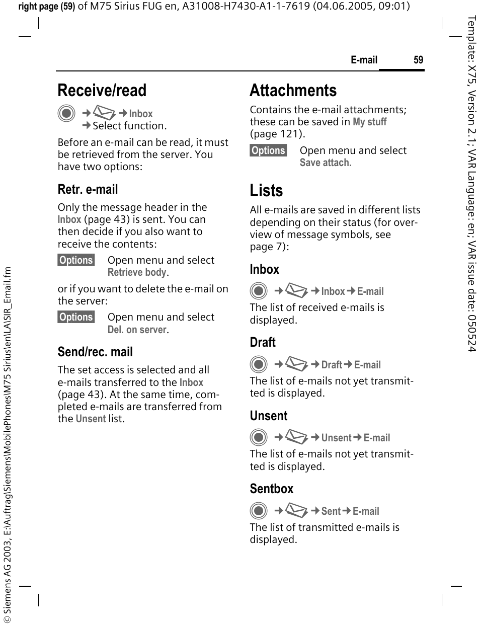 Receive/read, Attachments, Lists | Siemens M75 User Manual | Page 60 / 153