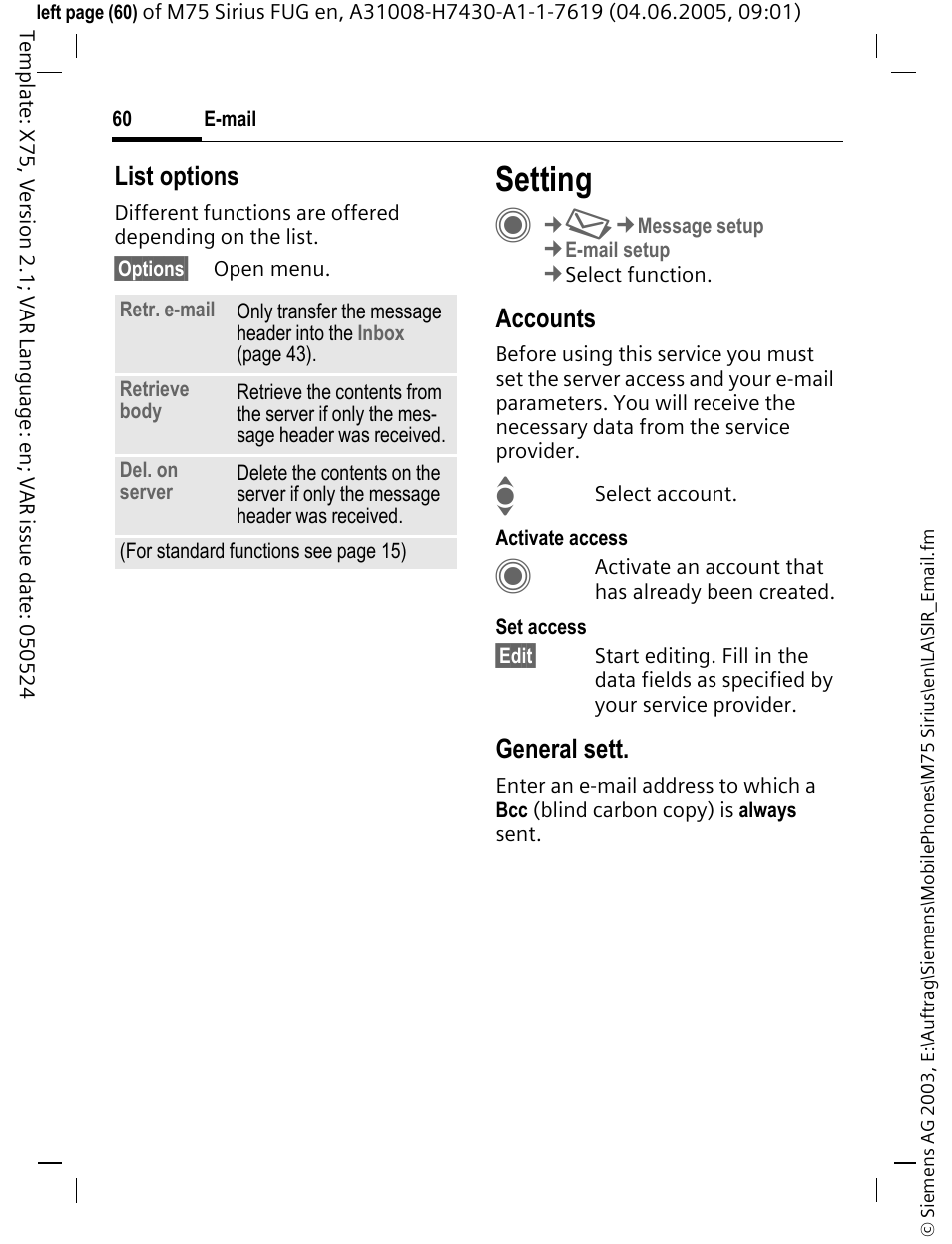 Setting | Siemens M75 User Manual | Page 61 / 153