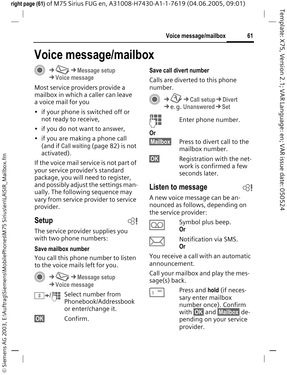 Voice message/mailbox, Voice message/mailbox c | Siemens M75 User Manual | Page 62 / 153