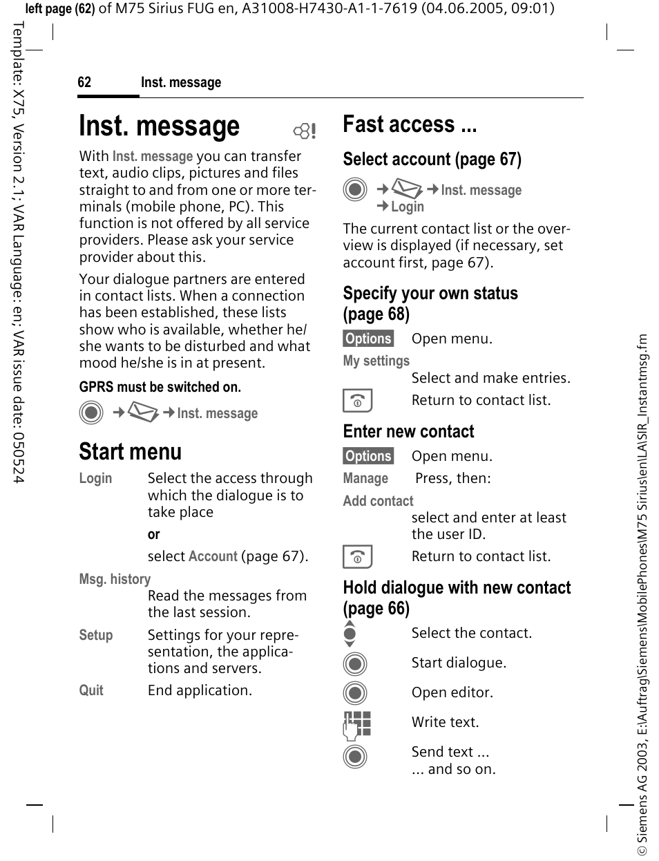 Inst. message b, Start menu, Inst. message | Fast access | Siemens M75 User Manual | Page 63 / 153