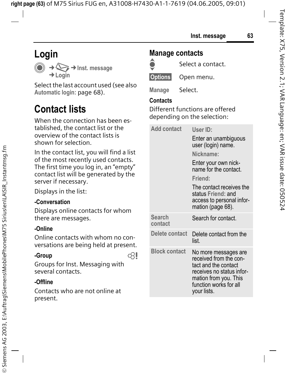 Login, Contact lists, Manage contacts | Siemens M75 User Manual | Page 64 / 153