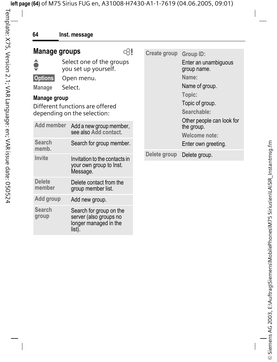 Manage groups b | Siemens M75 User Manual | Page 65 / 153