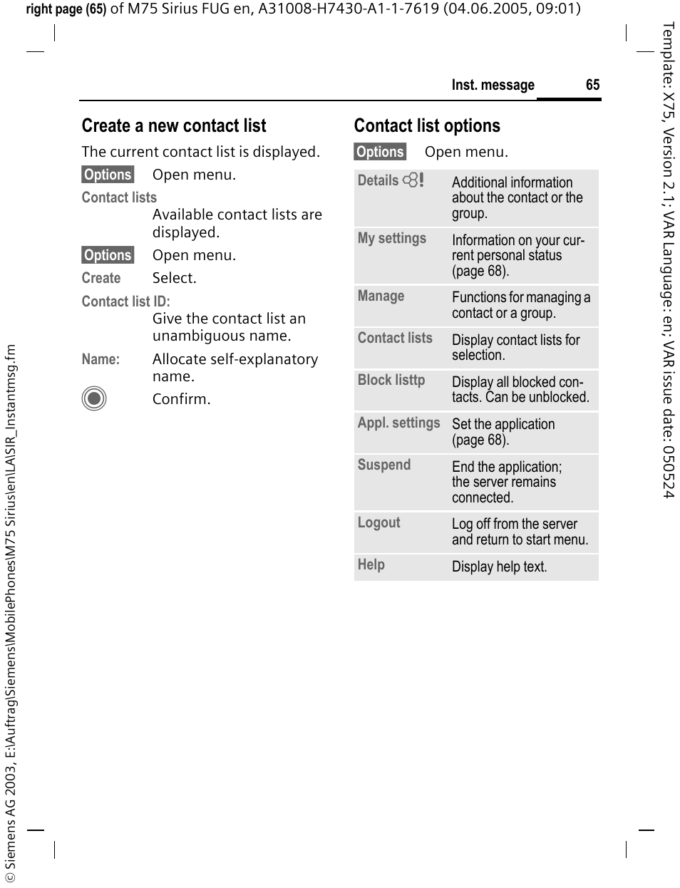 Create a new contact list, Contact list options | Siemens M75 User Manual | Page 66 / 153