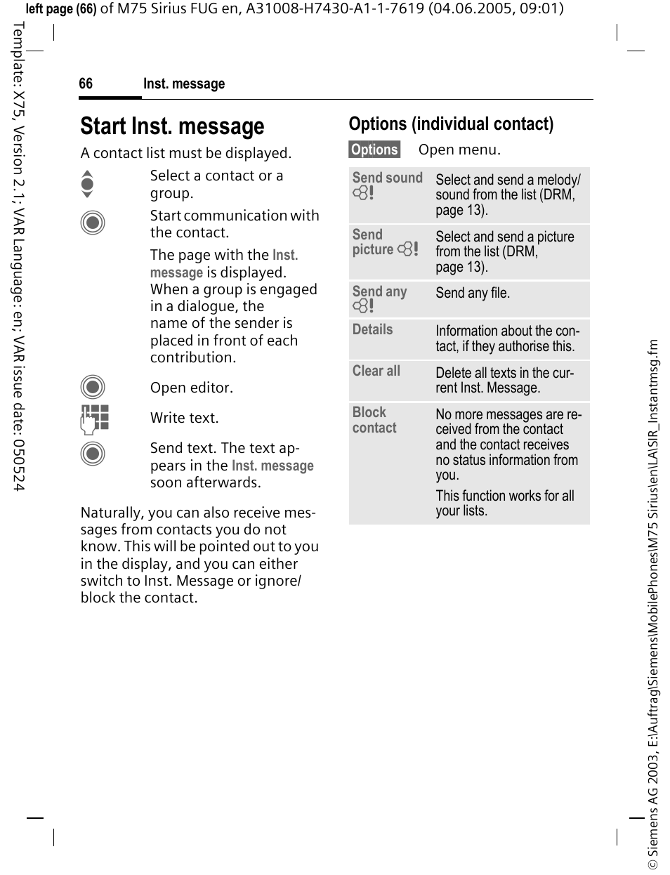 Start inst. message | Siemens M75 User Manual | Page 67 / 153