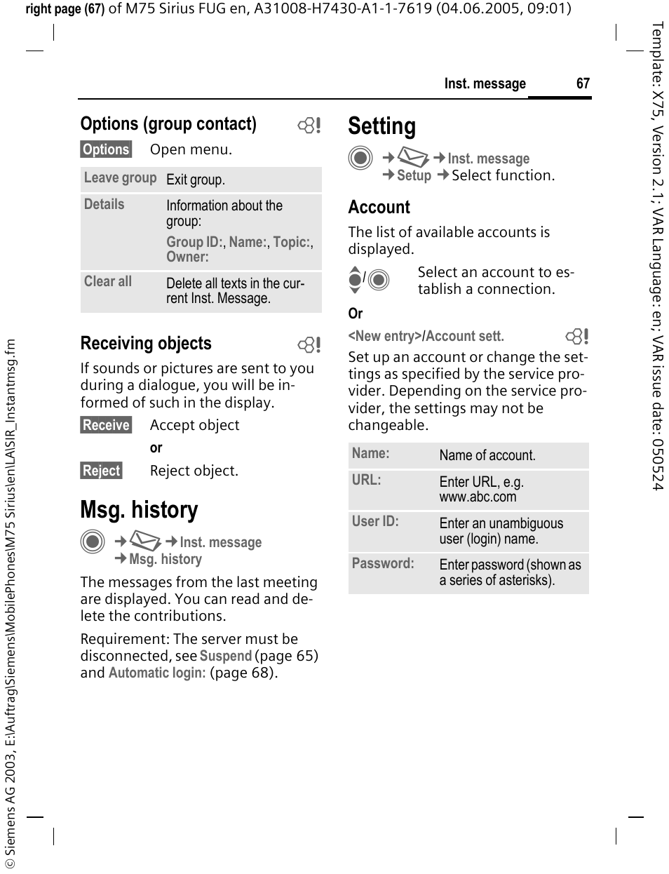 Msg. history, Setting | Siemens M75 User Manual | Page 68 / 153