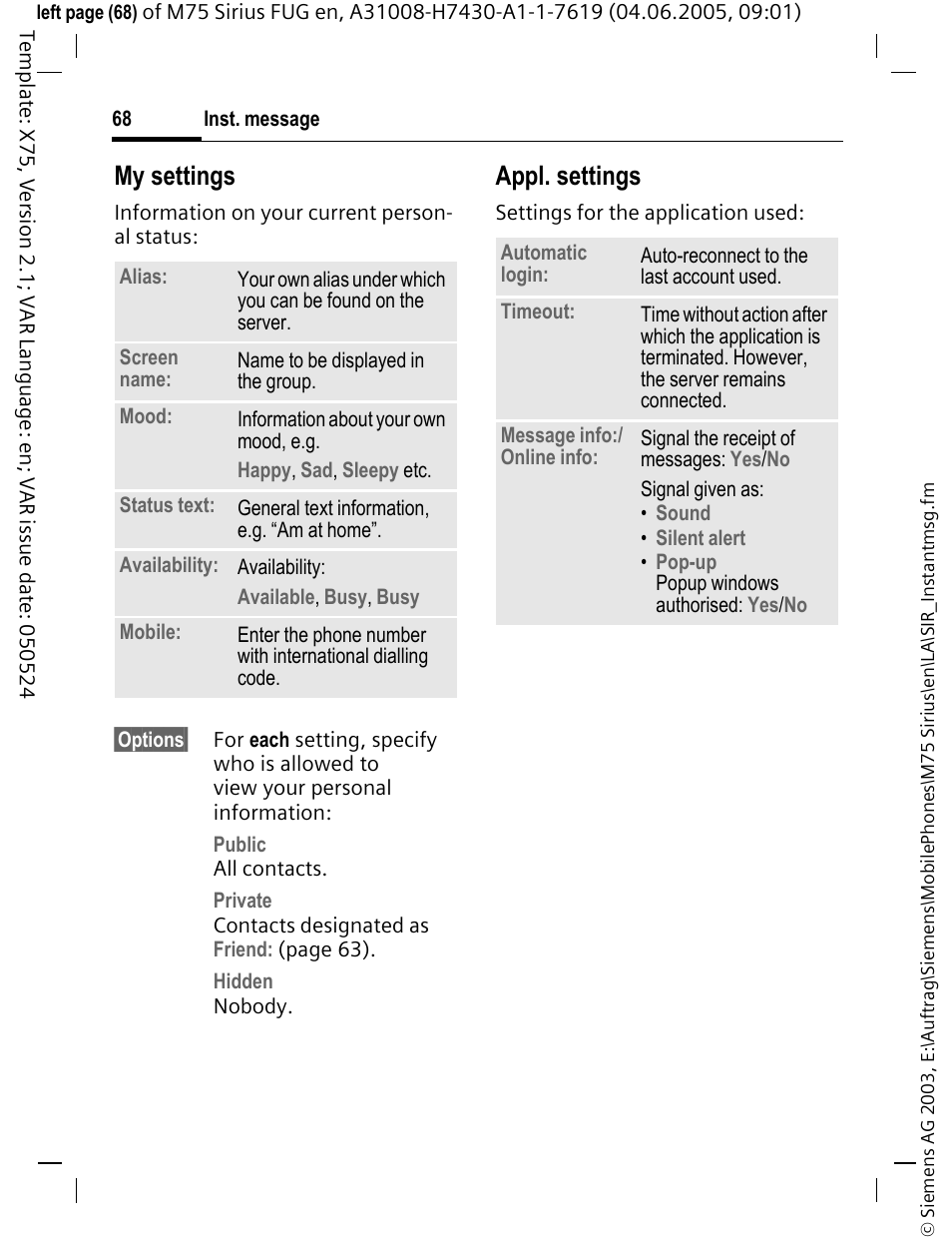 My settings, Appl. settings | Siemens M75 User Manual | Page 69 / 153