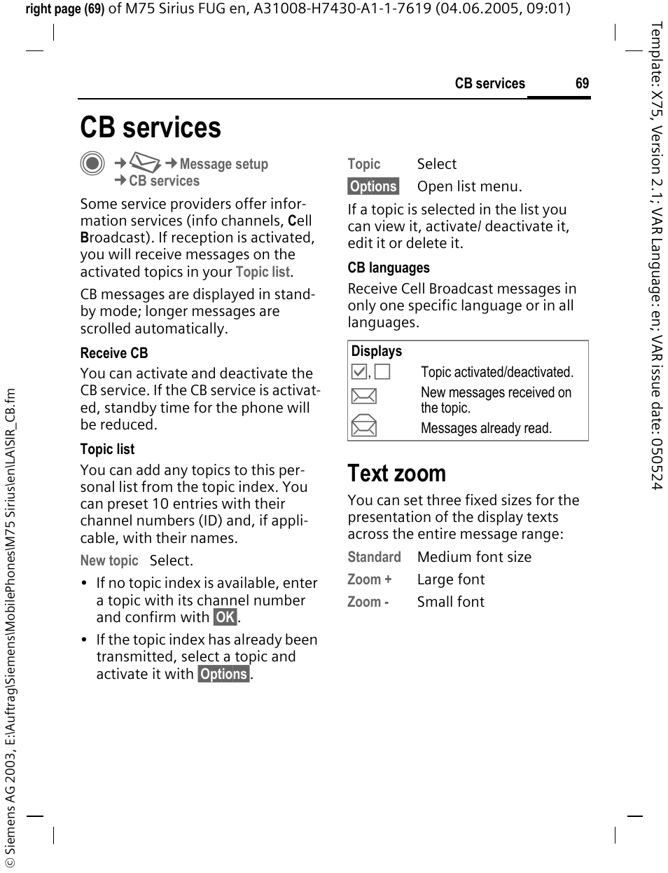 Cb services, Text zoom, Cb services c | Siemens M75 User Manual | Page 70 / 153