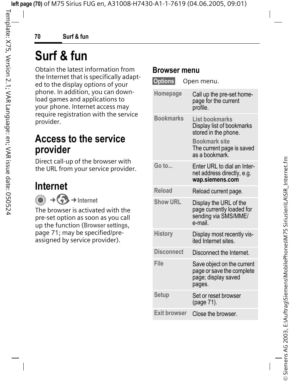 Surf & fun, Internet, Access to the service provider | Browser menu | Siemens M75 User Manual | Page 71 / 153