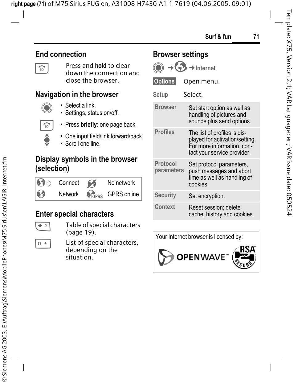 The function, Browser settings | Siemens M75 User Manual | Page 72 / 153