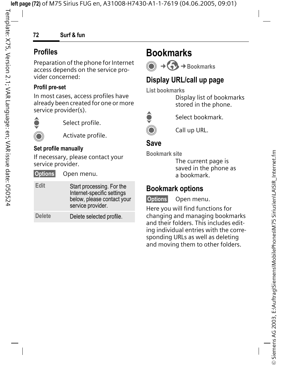 Bookmarks | Siemens M75 User Manual | Page 73 / 153