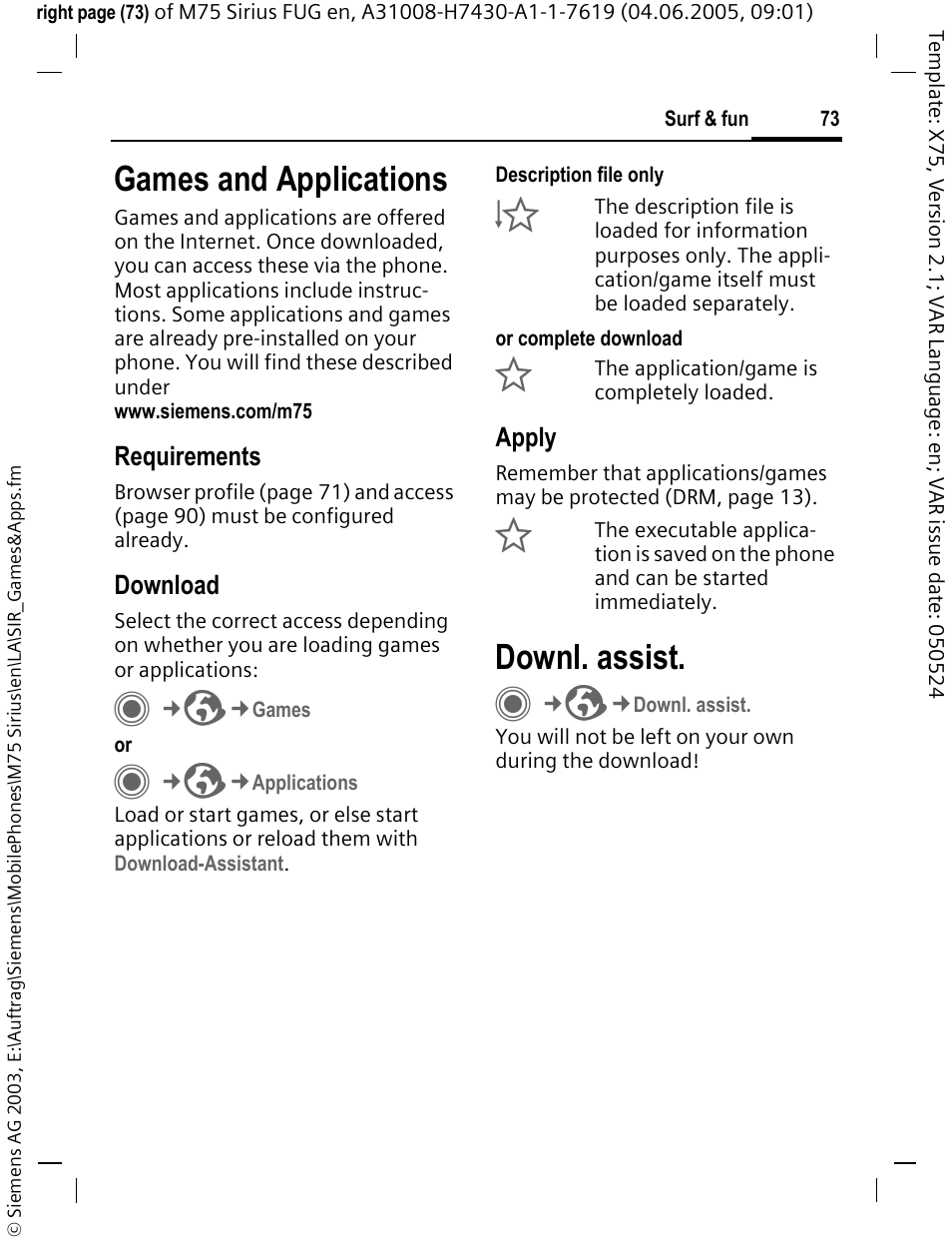 Games and applications, Downl. assist, Applications (p. 73) | Siemens M75 User Manual | Page 74 / 153