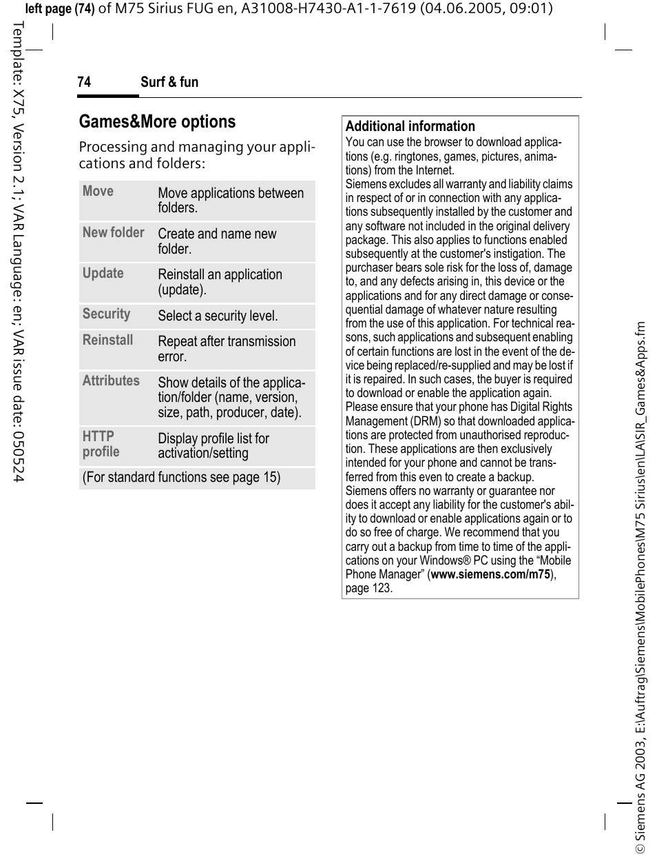 Games&more options | Siemens M75 User Manual | Page 75 / 153