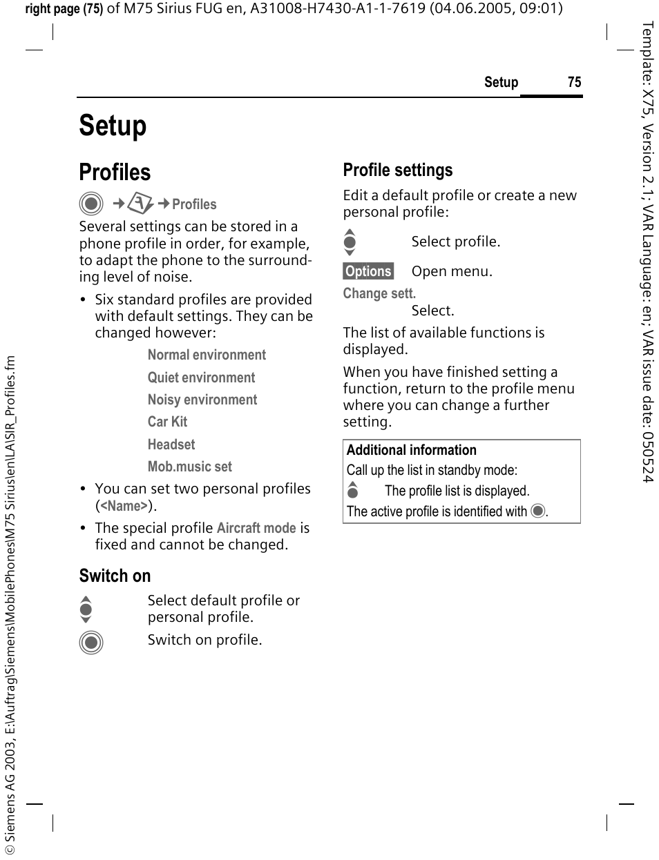 Setup, Profiles | Siemens M75 User Manual | Page 76 / 153