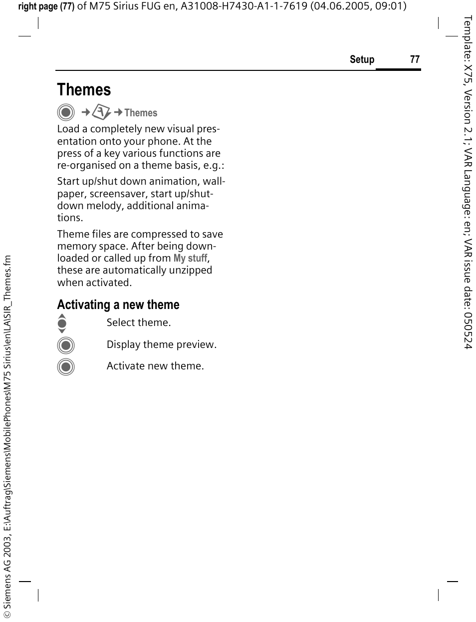 Themes, Themes (p. 77) | Siemens M75 User Manual | Page 78 / 153