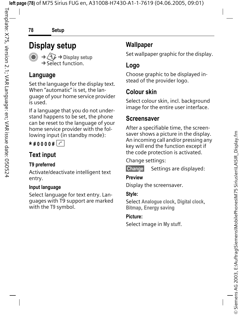 Display setup, Screensaver (p. 78), R) logo (p. 78) | Wallpaper (p. 78), Colour skin (p. 78) | Siemens M75 User Manual | Page 79 / 153