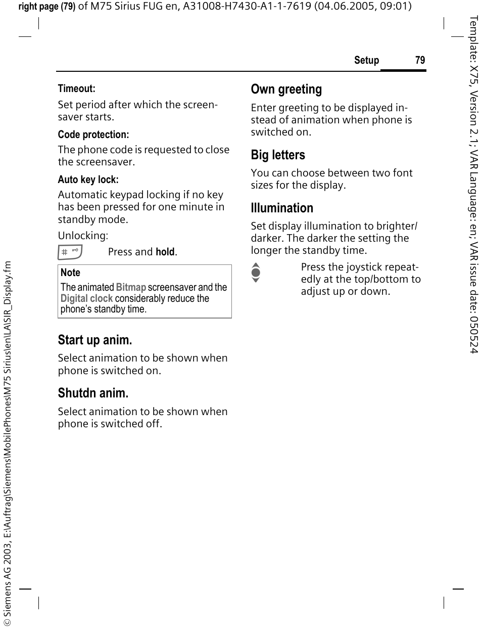 Animations (p. 79), Start up anim, Shutdn anim | Own greeting, Big letters, Illumination | Siemens M75 User Manual | Page 80 / 153