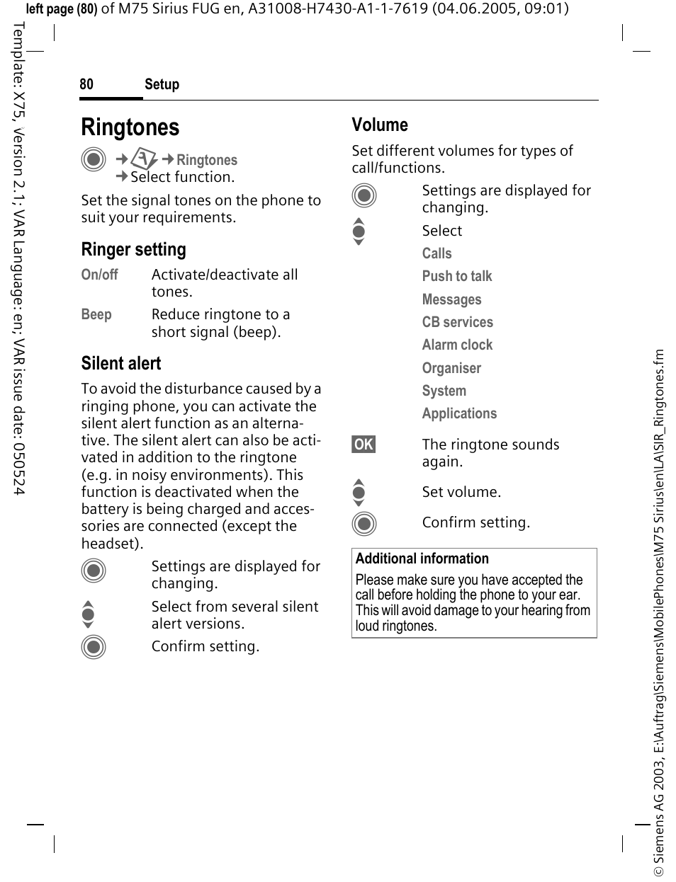 Ringtones, The ringtones (p. 80), message, Ringtones (p. 80) | Siemens M75 User Manual | Page 81 / 153