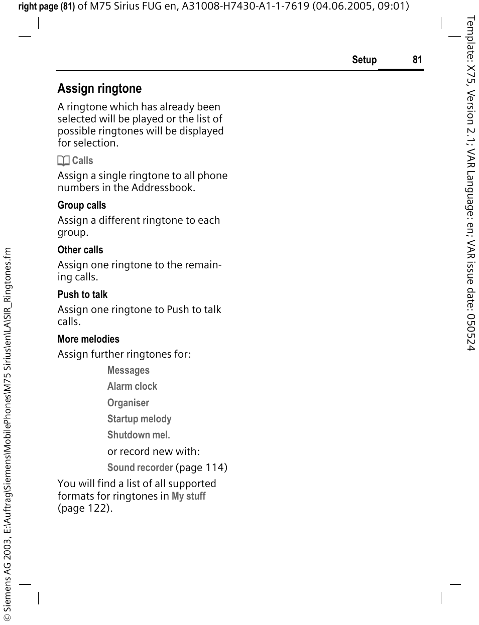 Assign ringtone | Siemens M75 User Manual | Page 82 / 153