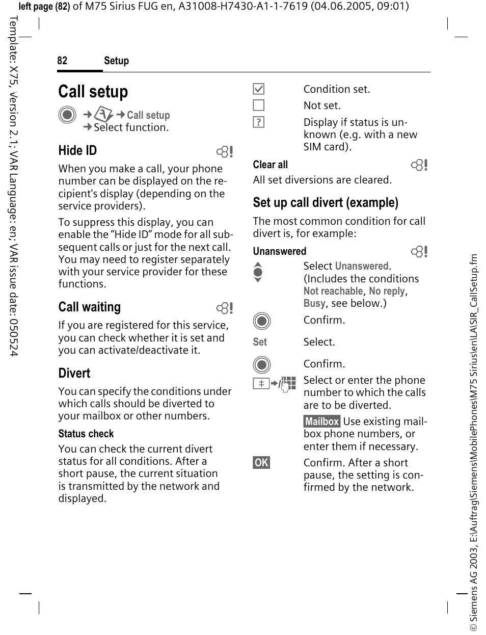 Call setup | Siemens M75 User Manual | Page 83 / 153