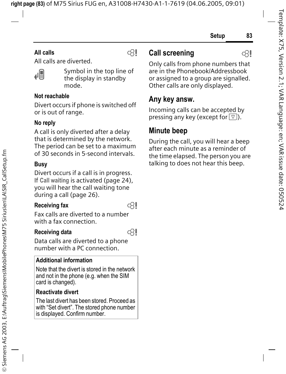 Call screening b, Any key answ, Minute beep | Siemens M75 User Manual | Page 84 / 153