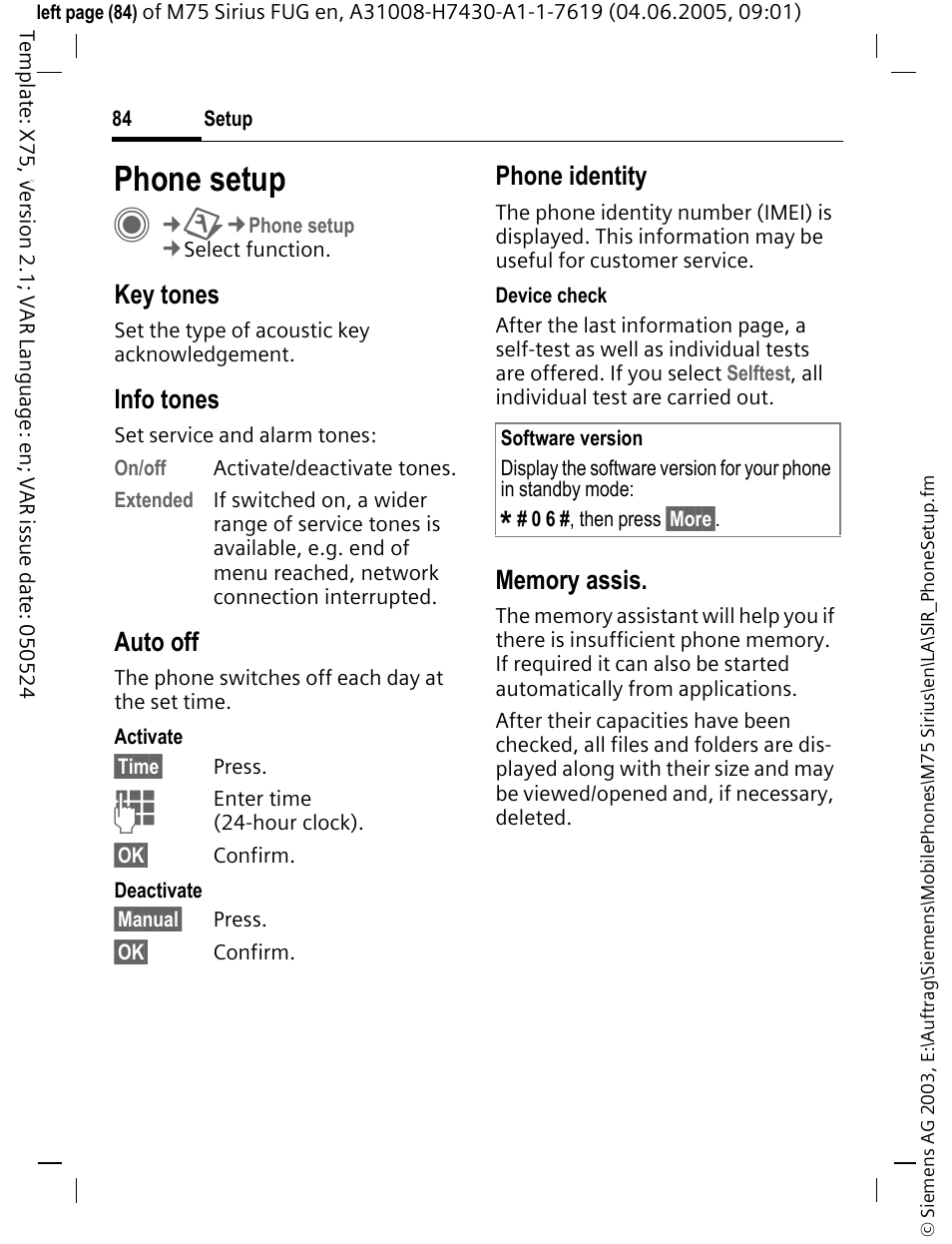 Phone setup, Tones (p. 84) | Siemens M75 User Manual | Page 85 / 153