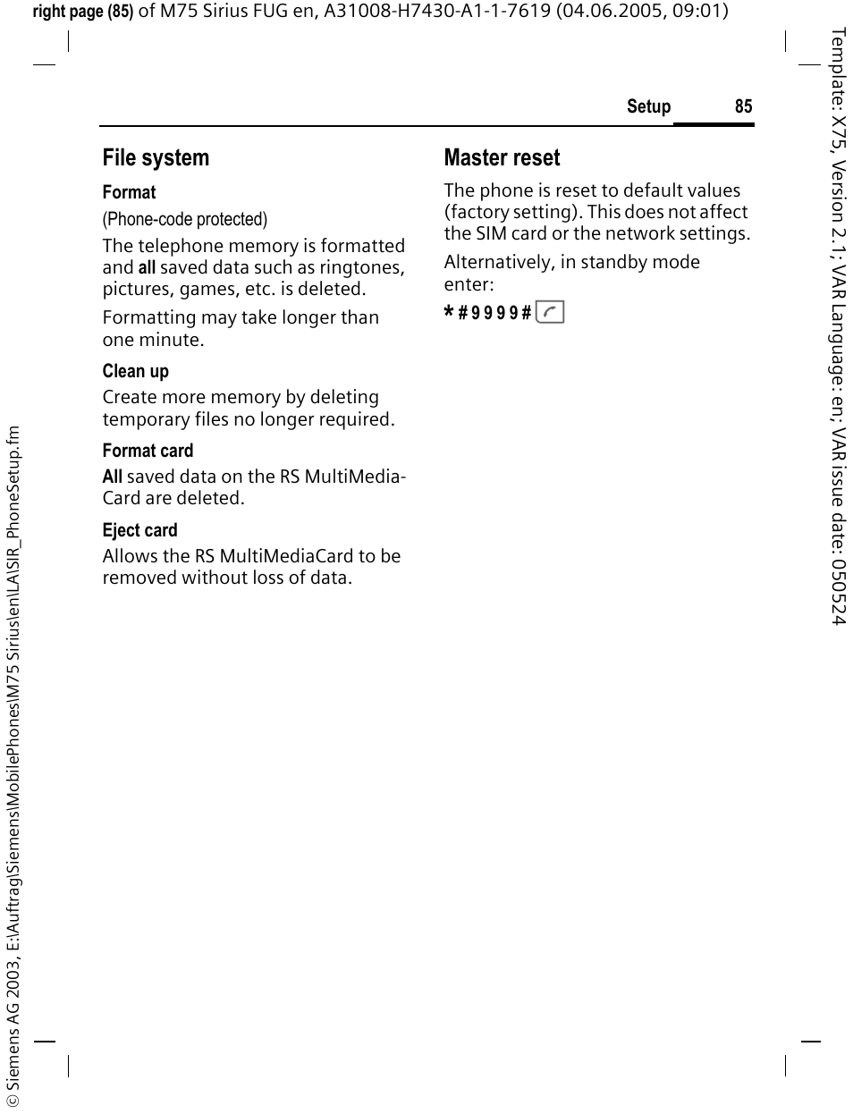 File system, Master reset | Siemens M75 User Manual | Page 86 / 153