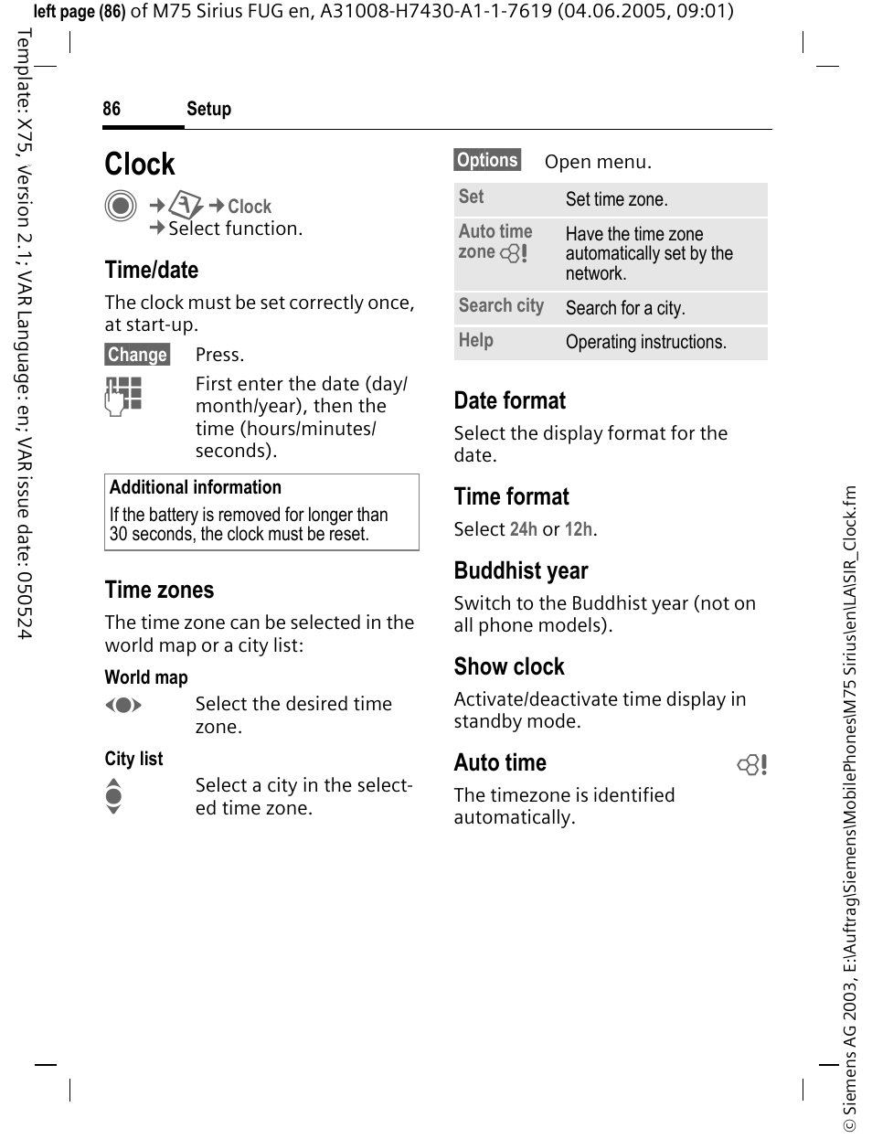 Clock | Siemens M75 User Manual | Page 87 / 153