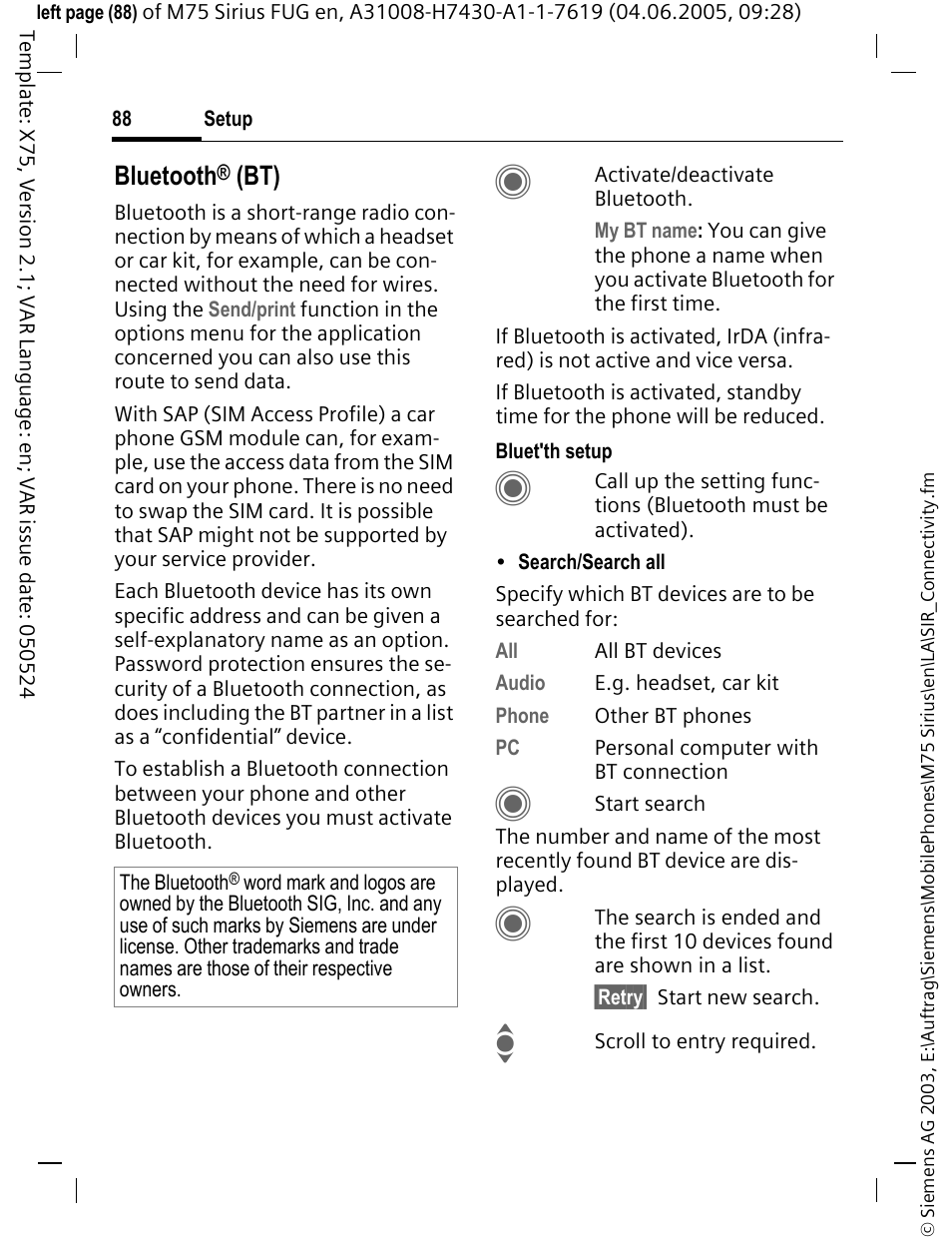 Bluetooth | Siemens M75 User Manual | Page 89 / 153