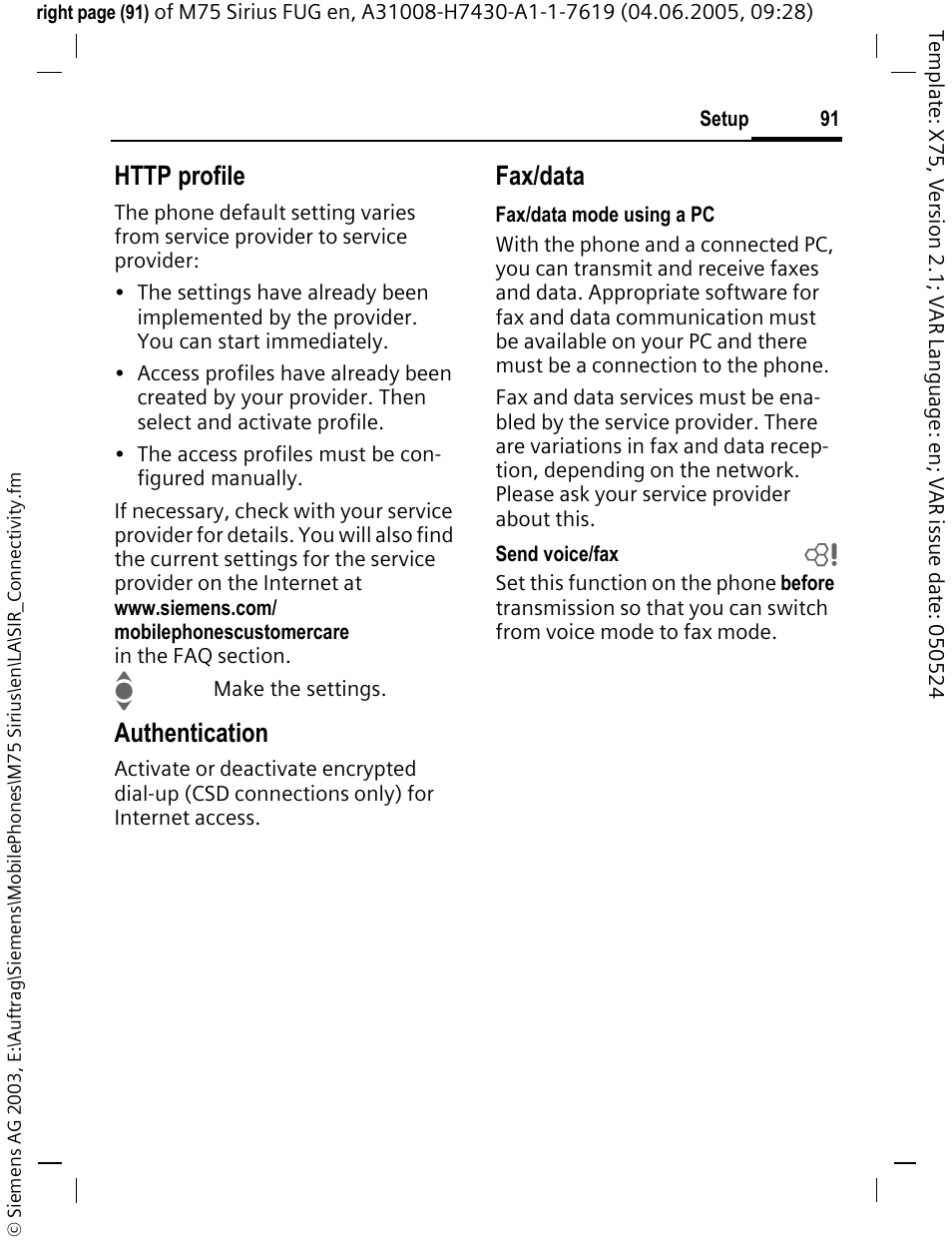 Authentication, Fax/data | Siemens M75 User Manual | Page 92 / 153